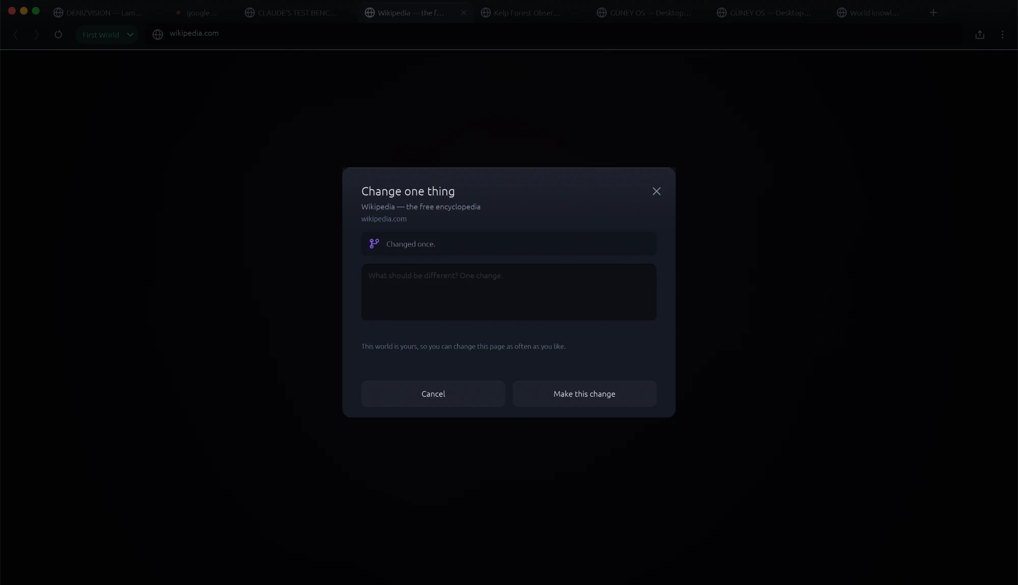 The edit dialog, asking what should be different about a page