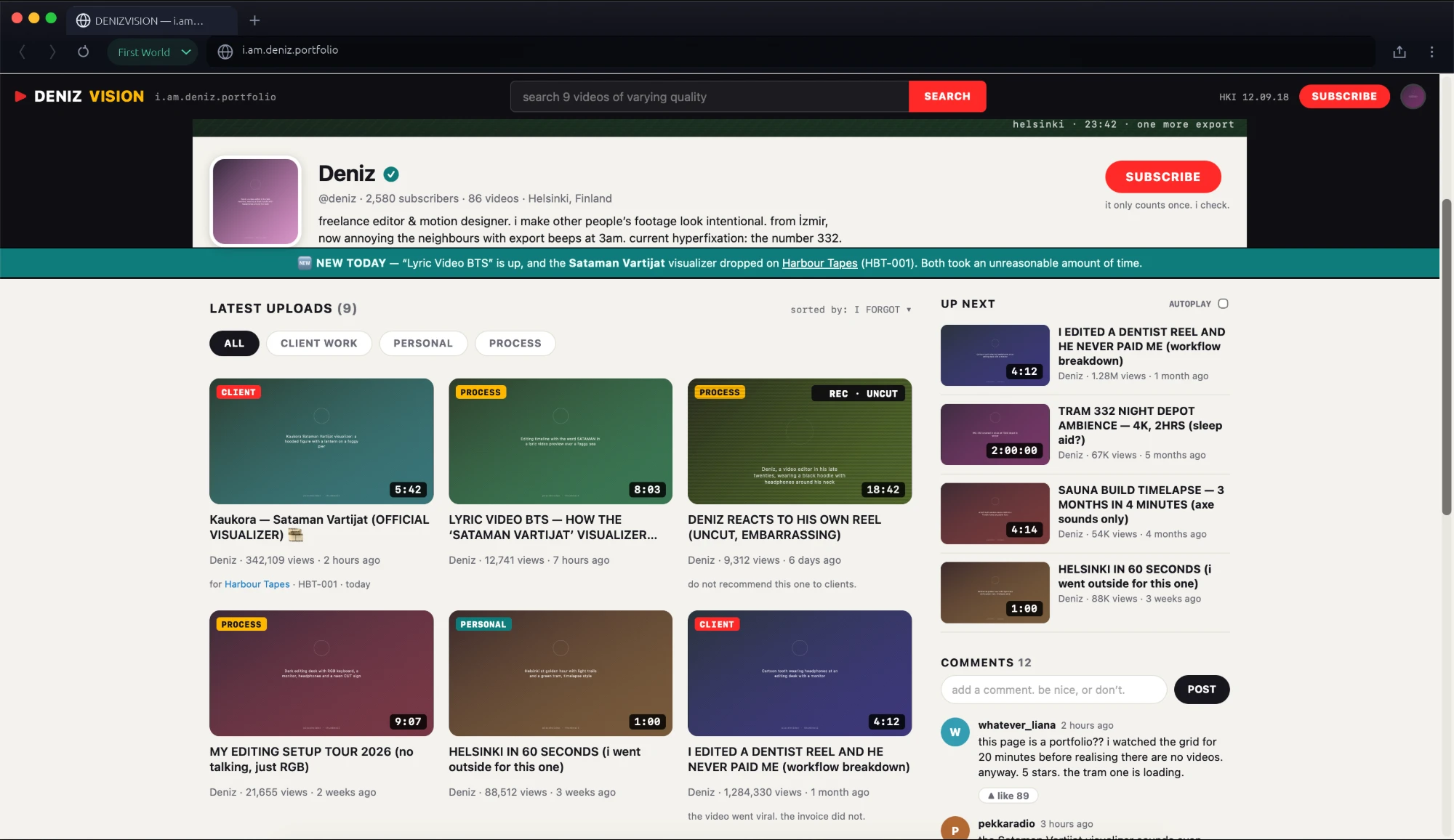 A generated video platform called DENIZVISION at the address i.am.deniz.portfolio